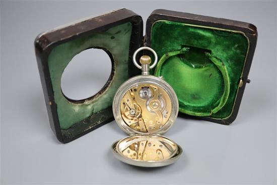 A George V silver mounted travelling watch case, with pocket watch, A& J Zimmerman, Birmingham, 1913, 11.3cm.